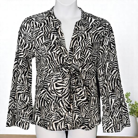 Michael Kors Black Zebra Print Button Up Blouse Large Tunic Top Tie Front V Neck - Picture 2 of 10